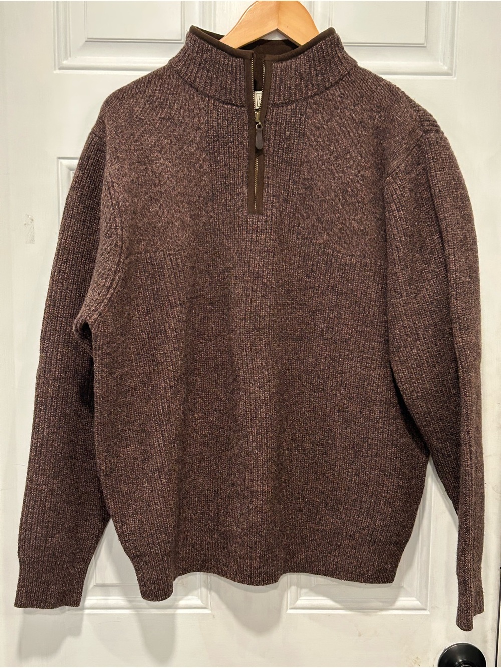 L.L.Bean Sweater Mens Brown Waterfowl 100% Merino Wool Quarter Zip Ribbed Knit M
